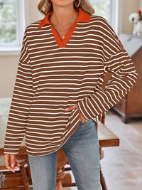 Striped Johnny Collar Long Sleeve T-Shirt