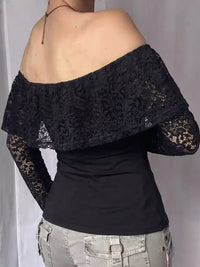 Off-Shoulder Lace Trim Long Sleeve T-Shirt 101001284372471 43 Affordable Fashion Under $100 Jerry's Apparel 