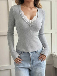 Ribbed Lace Trim Henley T-Shirt 100100110435377 30 Affordable Fashion Under $100 Jerry's Apparel 