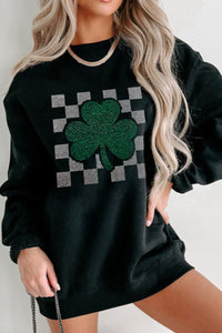 Rhinestone Checkered Lucky Clover Round Neck Sweatshirt