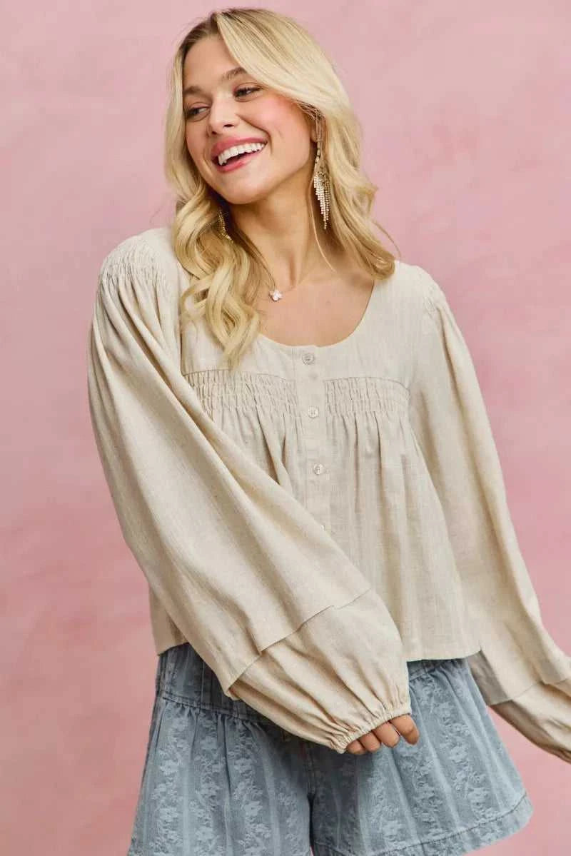 SO ME Linen Blend Woven Long Sleeve With Smocking Top 100100082081653 47 Gifts for Her Jerry's Apparel 