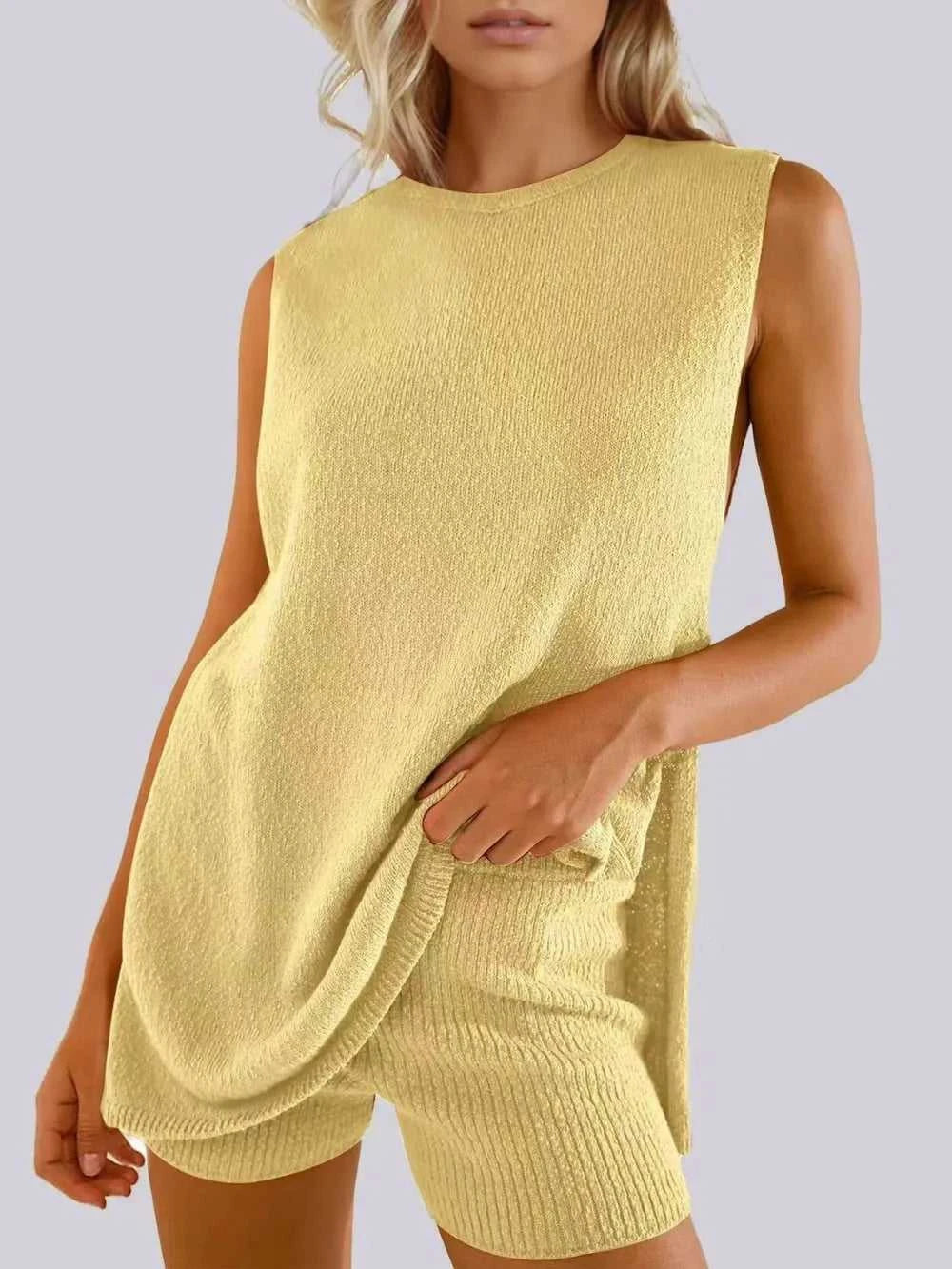 Side Slit Round Neck Tank and Ribbed Shorts Sweater Set 100100101501711 39 Affordable Fashion Under $100 Jerry's Apparel 