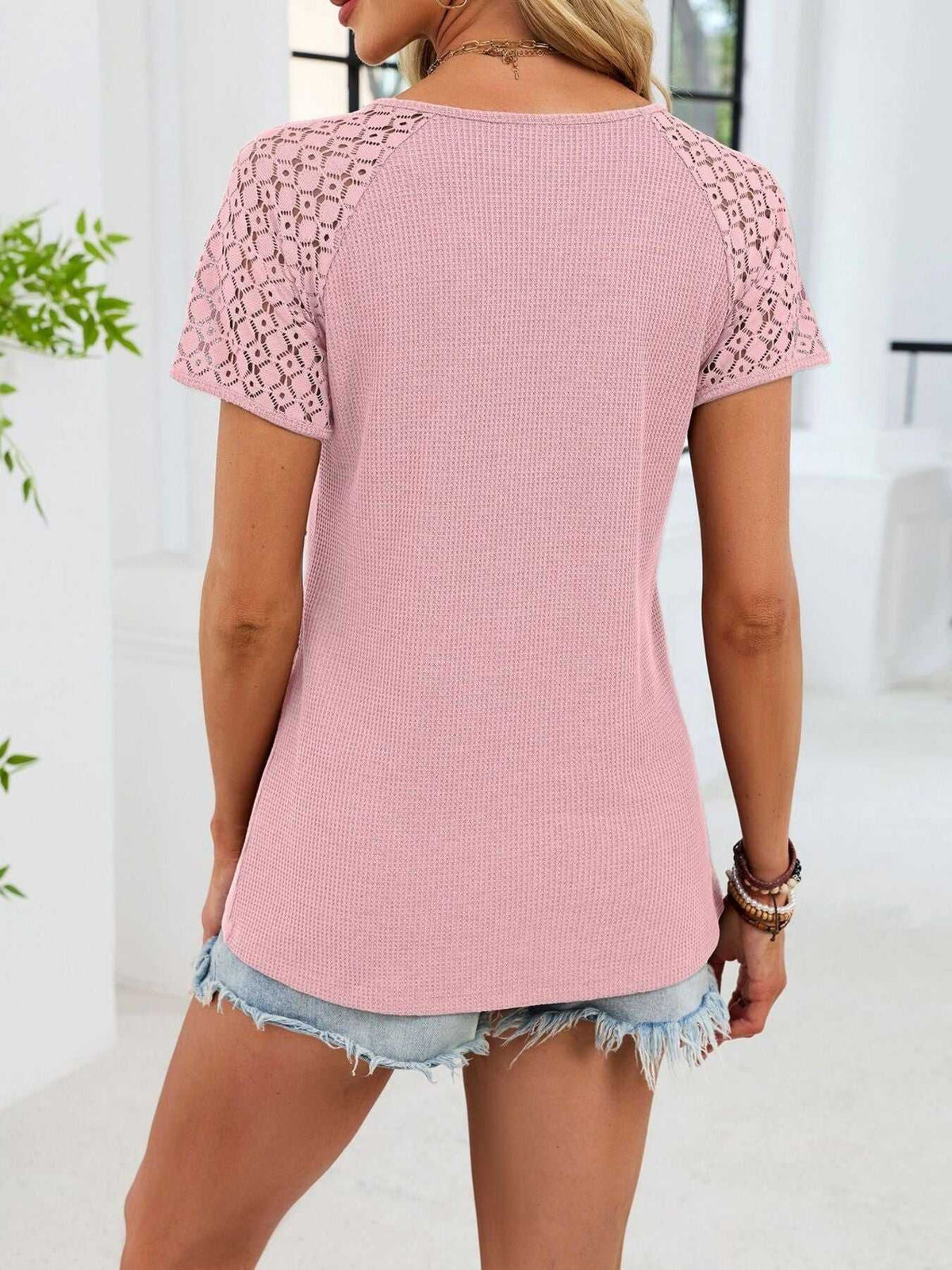 Lace Sleeve V-Neck Waffle Knit T-Shirt 100100150990299 25 Affordable Fashion Under $100 Jerry's Apparel 