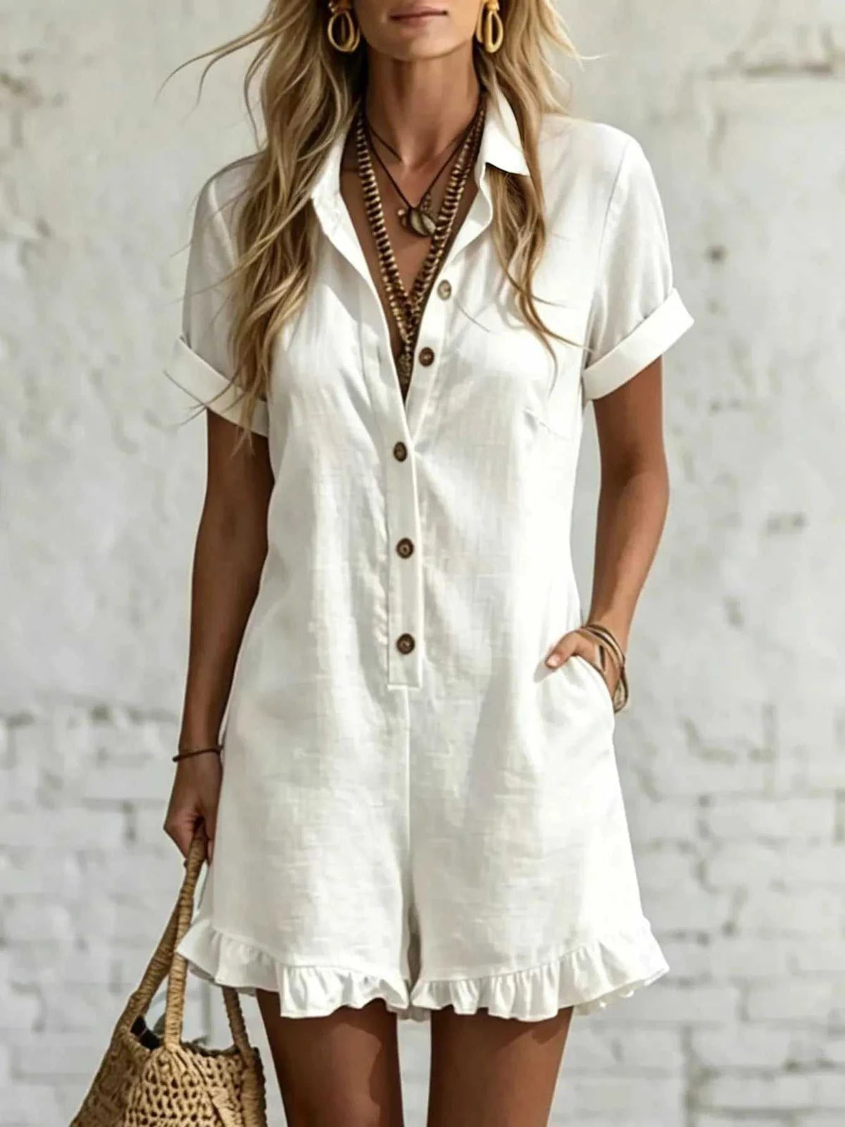 Full Size Button Front Ruffled Hem Romper Plus Size 100100561928017 28 Affordable Fashion Under $100 Jerry's Apparel 