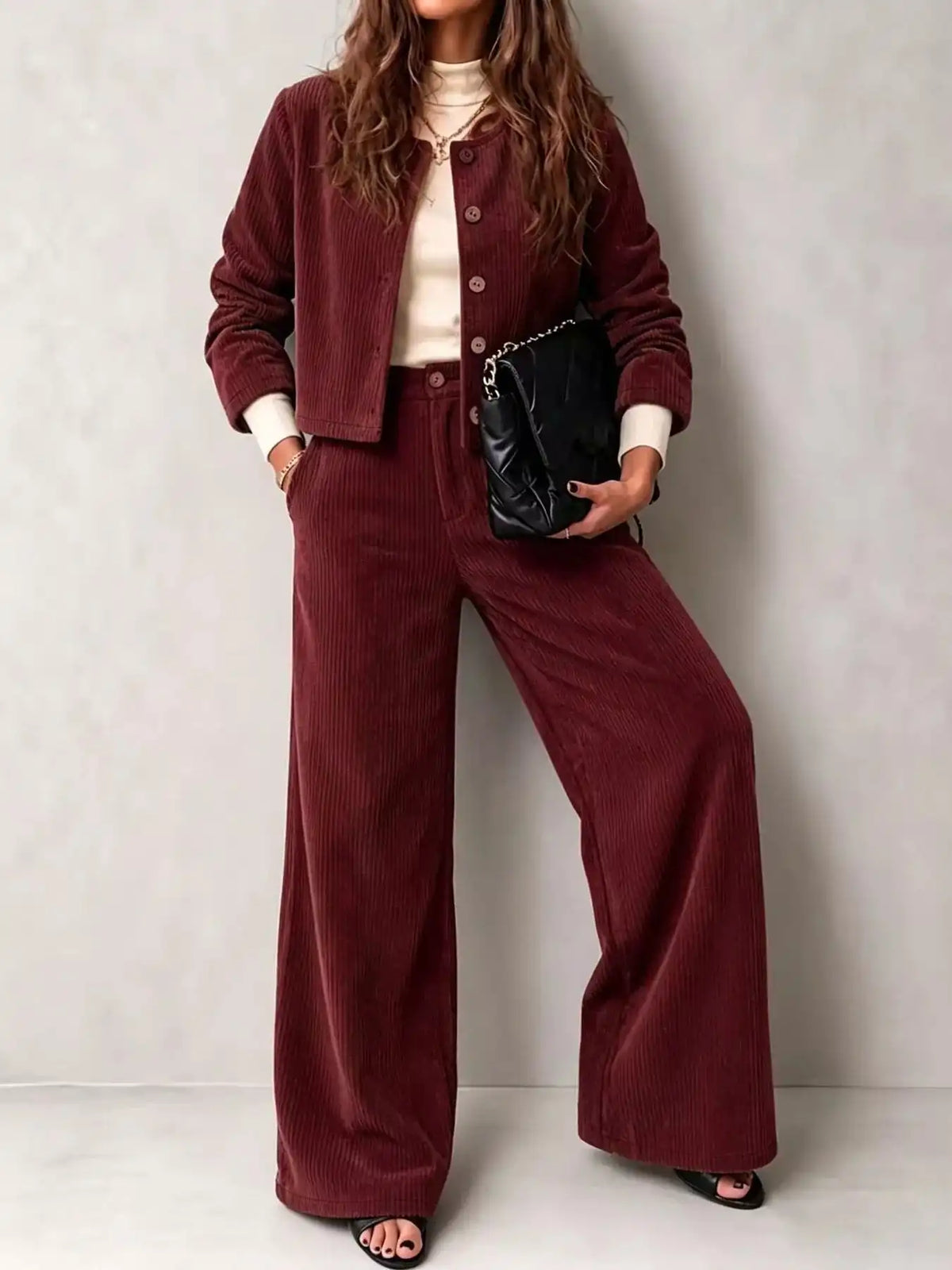 Full Size Corduroy Button-Down Jacket and Wide-Leg Pants Two-Piece Set Plus Size 101001217256067 73 Women's Pants Set Gifts for Her Jerry's Apparel 
