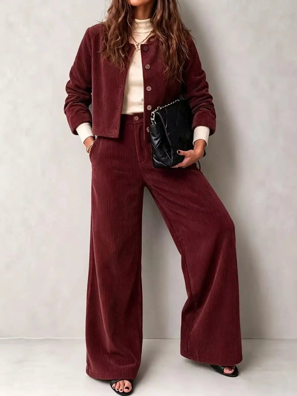 Full Size Corduroy Button-Down Jacket and Wide-Leg Pants Two-Piece Set Plus Size 101001217256067 73 Women's Pants Set Gifts for Her Jerry's Apparel 