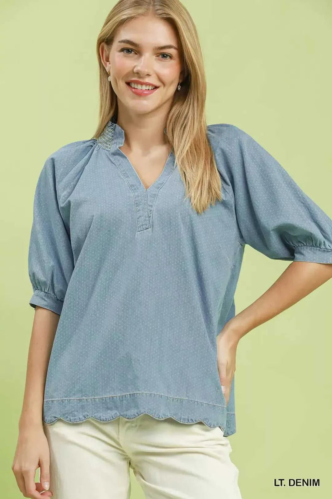 Umgee Textured Puff Sleeve Scallop Hem Blouse 100100035011560 53 Affordable Fashion Under $100 Jerry's Apparel 