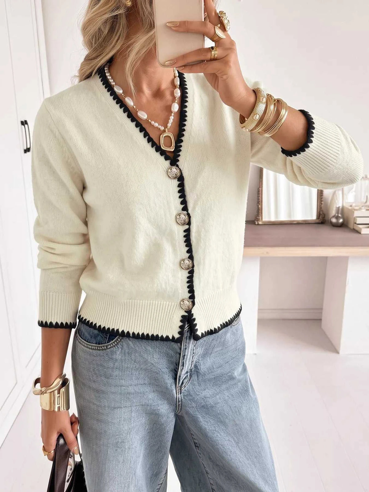 Contrast Trim V-Neck Button-Down Cardigan 101002872931400 55 Affordable Fashion Under $100 Jerry's Apparel 