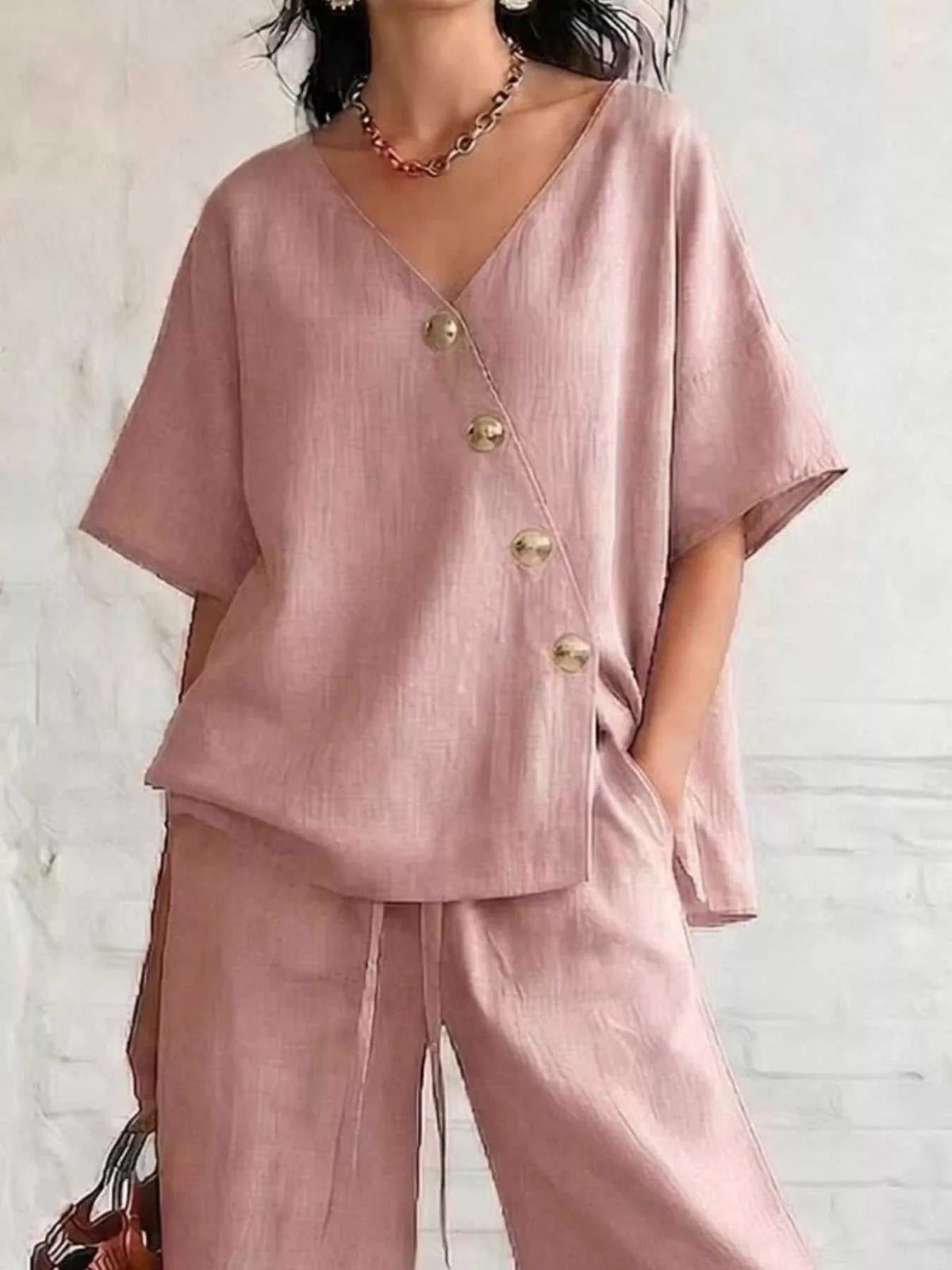 Full Size Surplice Half Sleeve Top and Wide-Leg Pants Set Plus Size 100100693330710 43 Affordable Fashion Under $100 Jerry's Apparel 