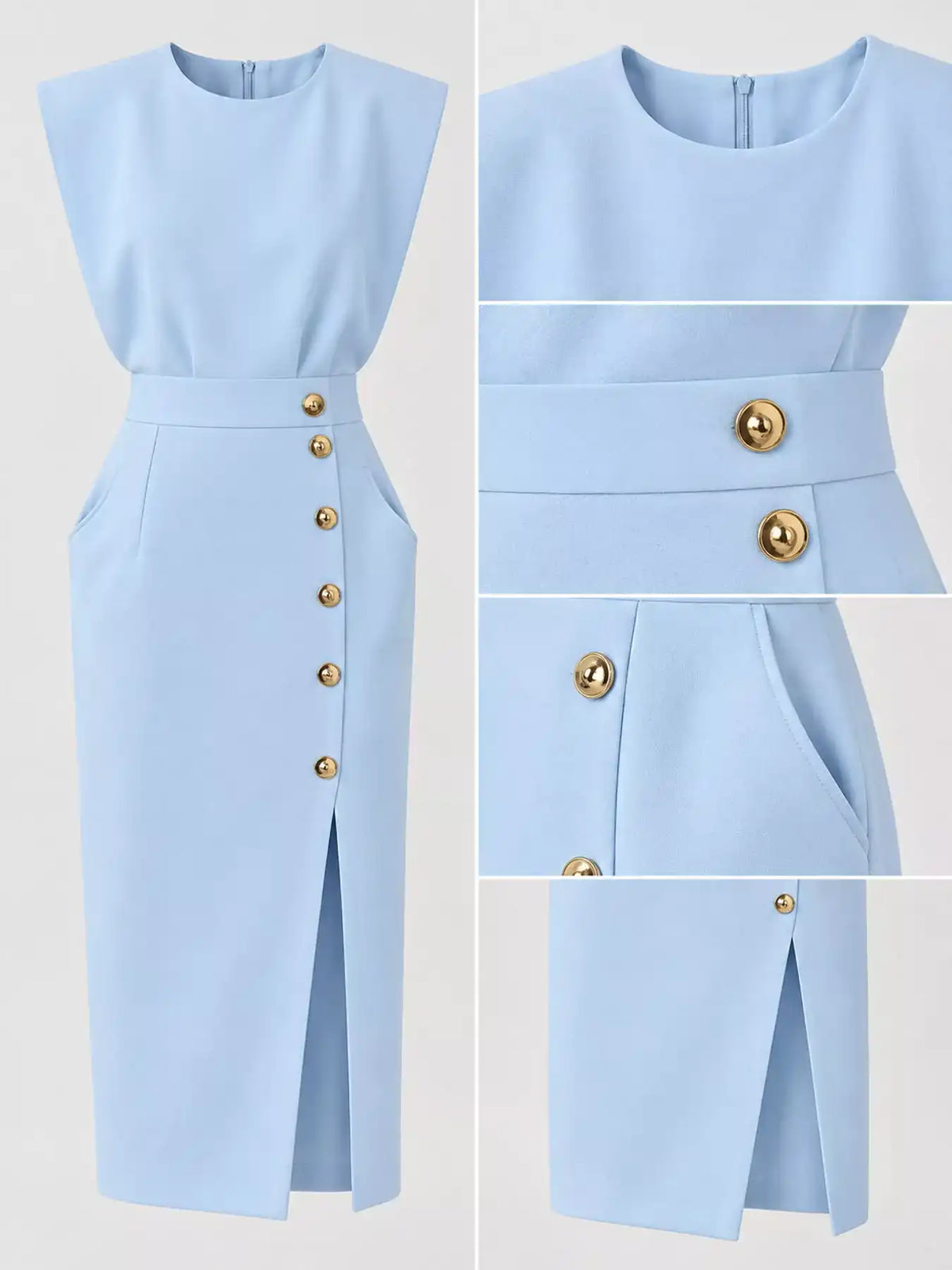 Sleeveless Midi Dress with Gold Button Detail and Side Slit 101001590890082 42 Affordable Fashion Under $100 Jerry's Apparel 