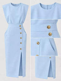 Sleeveless Midi Dress with Gold Button Detail and Side Slit 101001590890082 42 Affordable Fashion Under $100 Jerry's Apparel 