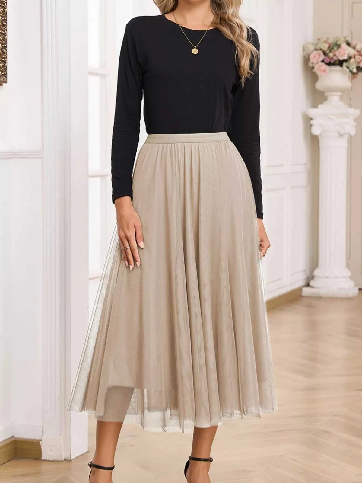 Tulle Mesh Overlay Flared Midi Skirt 100100431711620 39 Gifts for Her Jerry's Apparel 
