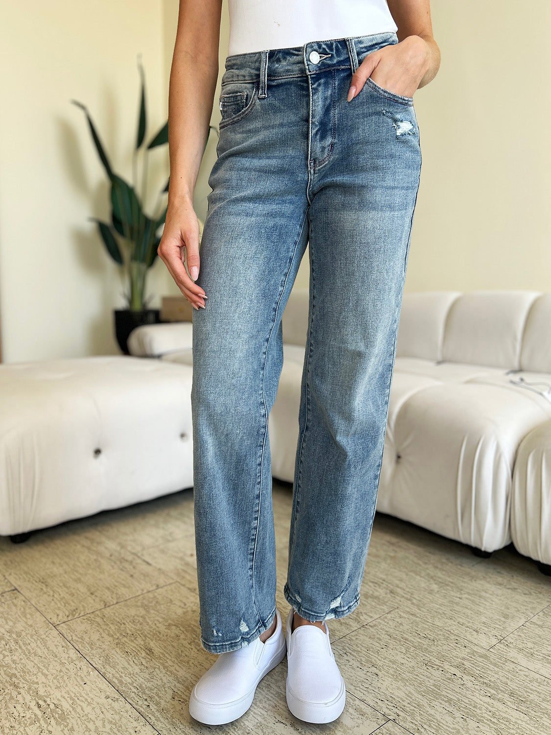 Full Size High Waist Distressed Straight Jeans