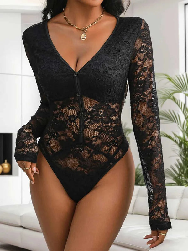 Perfee Lace V-Neck Long Sleeve Bodysuit 100100551501196 32 Affordable Fashion Under $100 Jerry's Apparel 