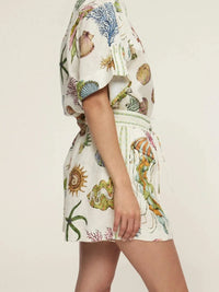 Printed Button Up Shirt and Shorts Set
