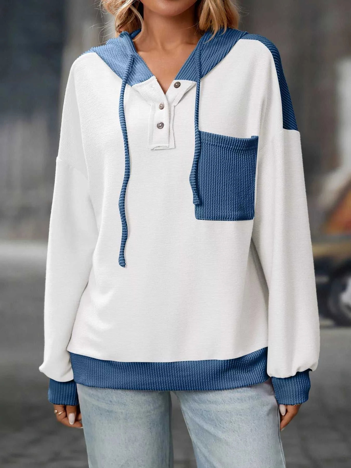 Casual Color Block Button Detail Hoodie 100100649841441 43 Affordable Fashion Under $100 Jerry's Apparel 