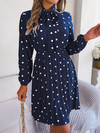 Polka Dot Tie Neck Pleated Dress