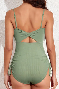 Ribbed Drawstring Sides Cutout One Piece Swimsuit