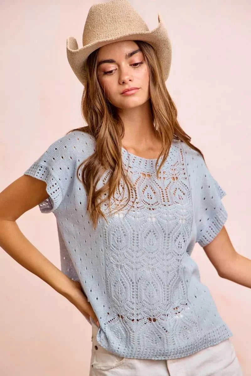 BiBi Washed Eyelet Short Sleeve Breathable Knit Top 100100212911752 43 Affordable Fashion Under $100 Jerry's Apparel 