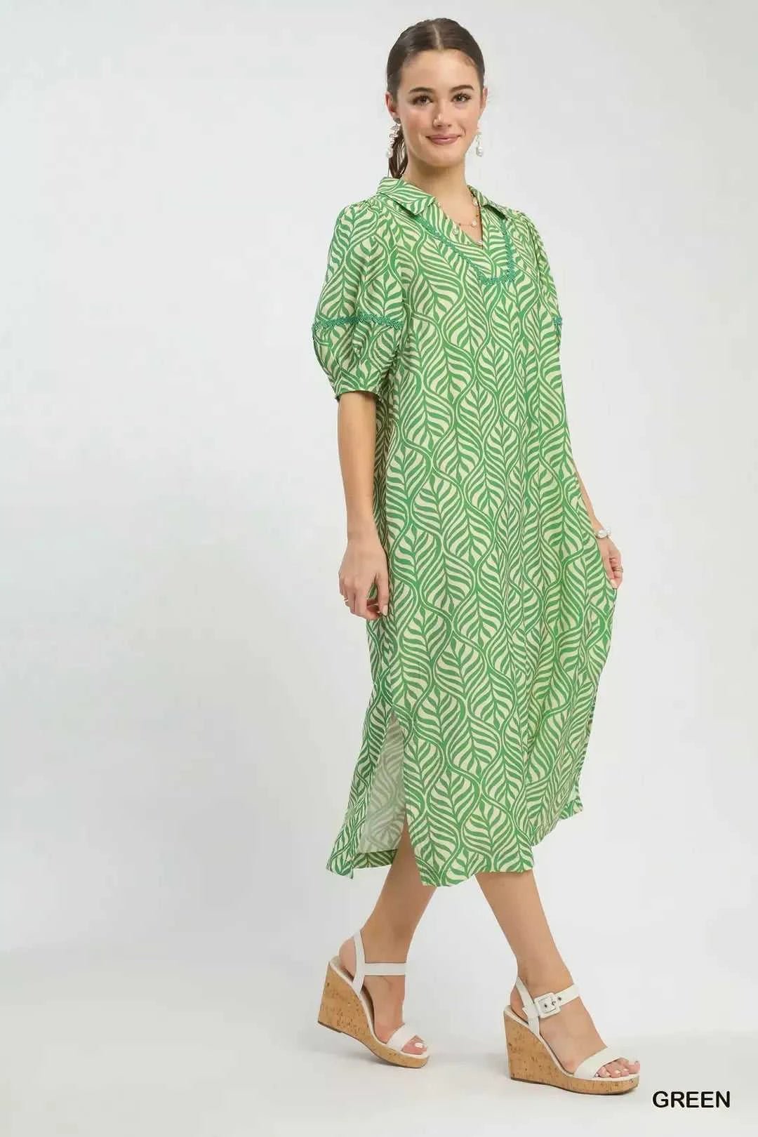 Umgee Printed Puff Sleeve Midi Dress with Pockets 100100164501514 60 Affordable Fashion Under $100 Jerry's Apparel 
