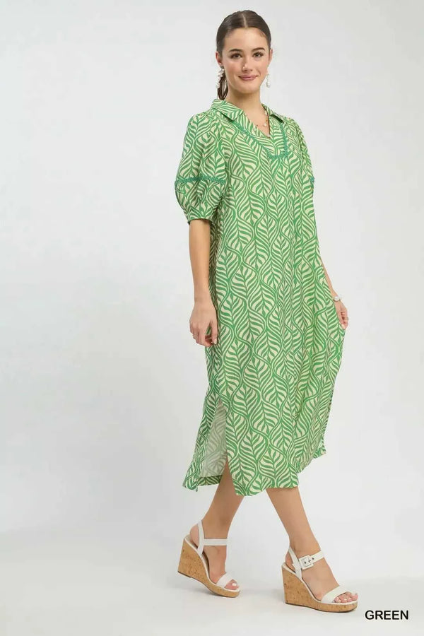 Umgee Printed Puff Sleeve Midi Dress with Pockets 100100164501514 60 Affordable Fashion Under $100 Jerry's Apparel 