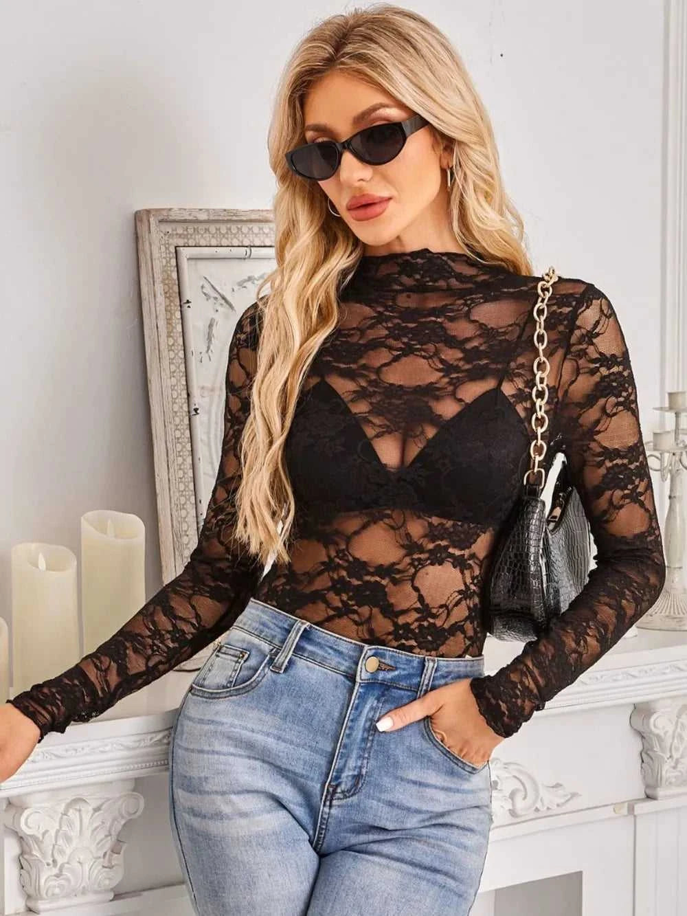 Mock Neck Long Sleeve Lace Sheer Top 100100861526419 16 Affordable Fashion Under $100 Jerry's Apparel 
