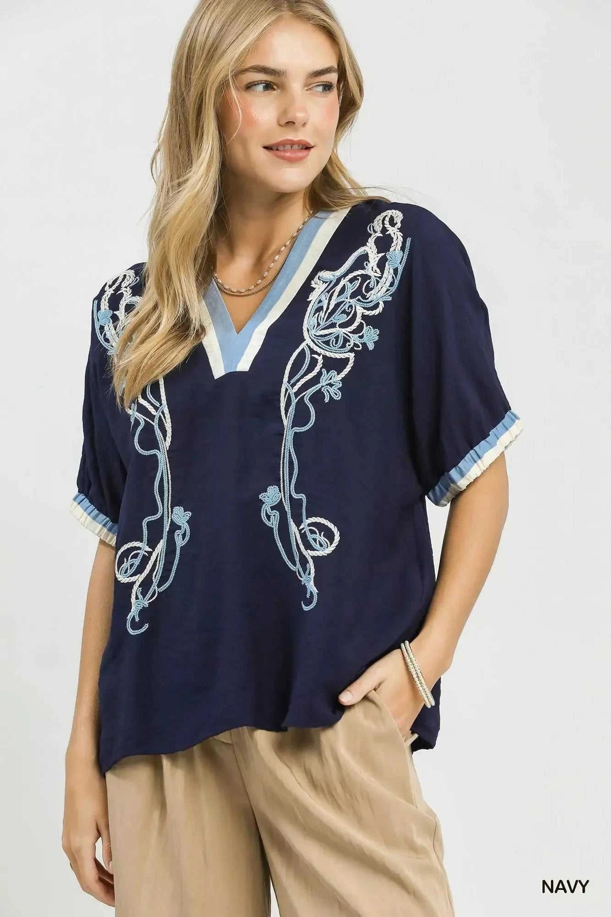 Umgee Embroidered Floral V-Neck Short Sleeve Blouse with Contrast Trim 100100813681836 53 Affordable Fashion Under $100 Jerry's Apparel 