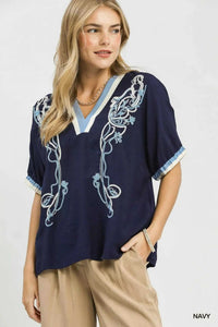 Umgee Embroidered Floral V-Neck Short Sleeve Blouse with Contrast Trim 100100813681836 53 Affordable Fashion Under $100 Jerry's Apparel 
