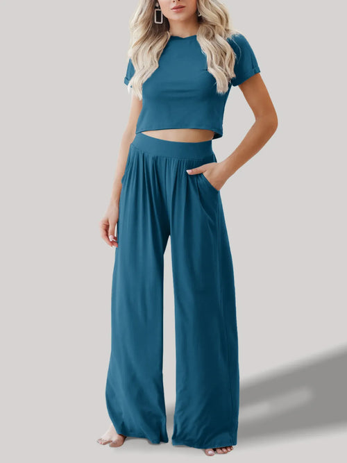 Round Neck Short Sleeve Top and Pants Set