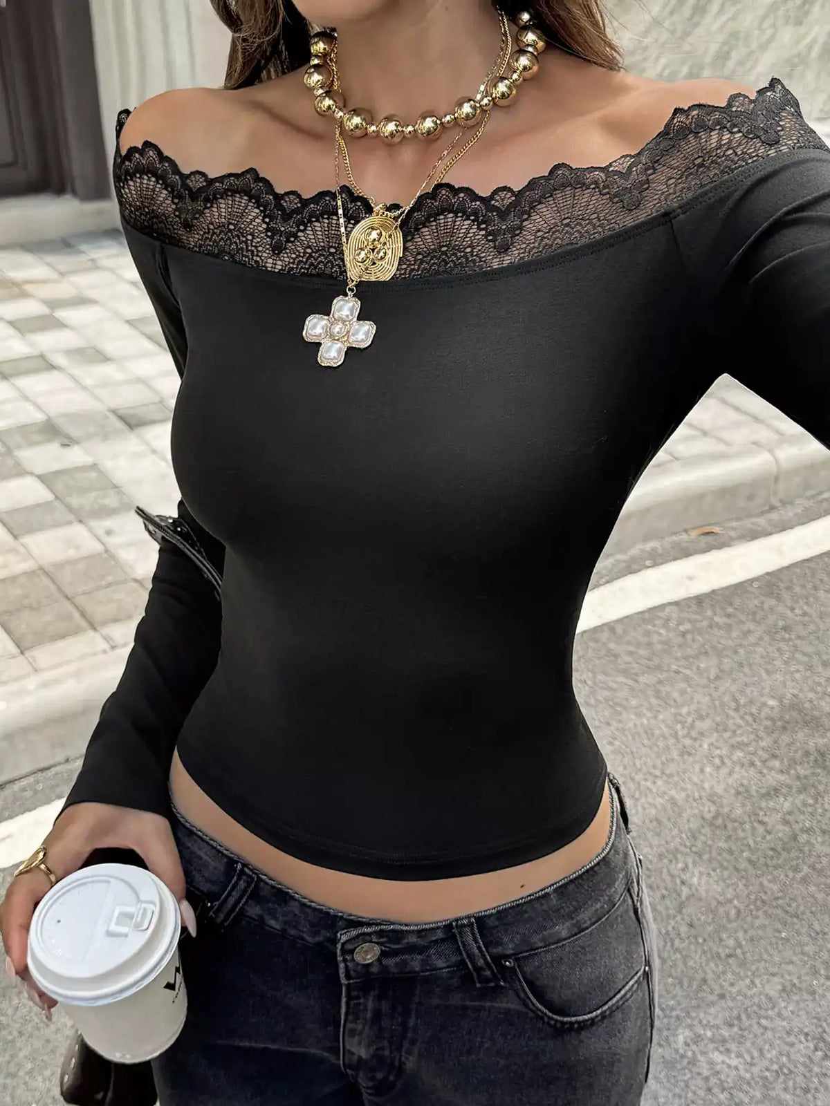 Off-Shoulder Lace Trim Long Sleeve T-Shirt 101001817715532 36 Affordable Fashion Under $100 Jerry's Apparel 