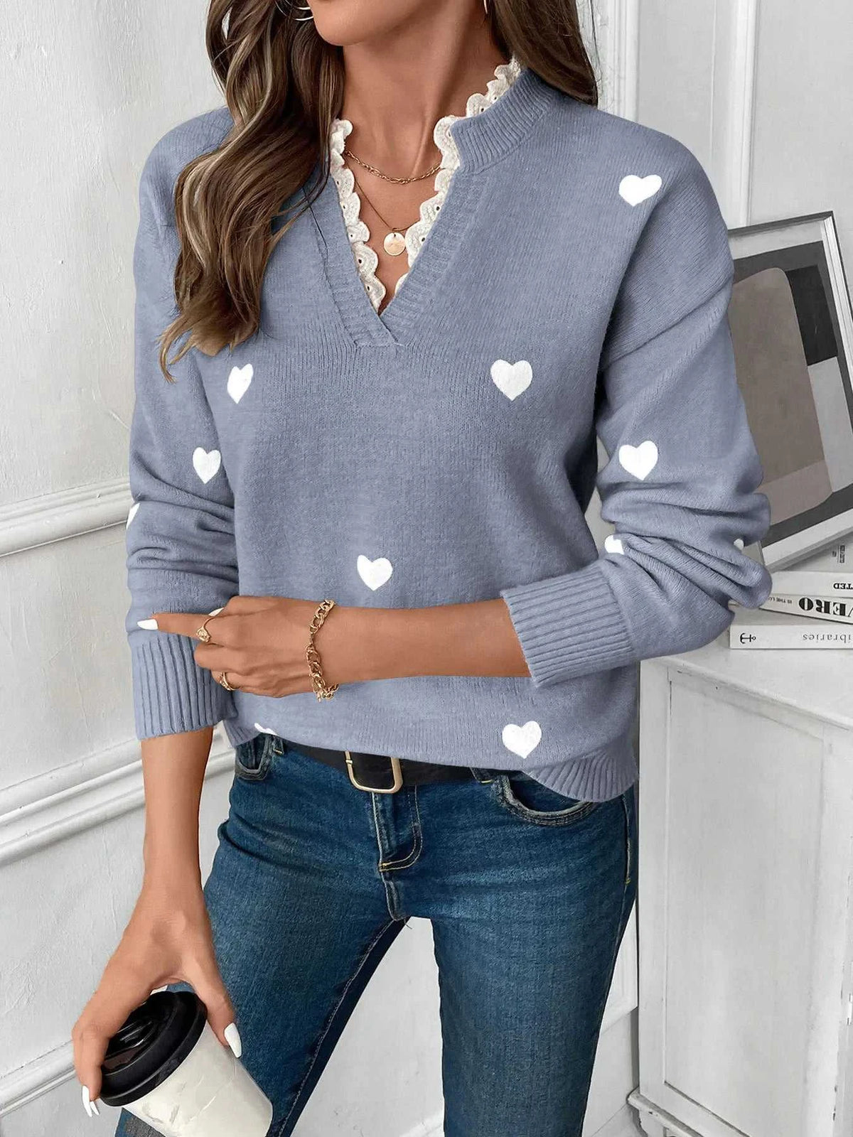 Heart V-Neck Long Sleeve Sweater 100100348759544 46 Affordable Fashion Under $100 Jerry's Apparel 