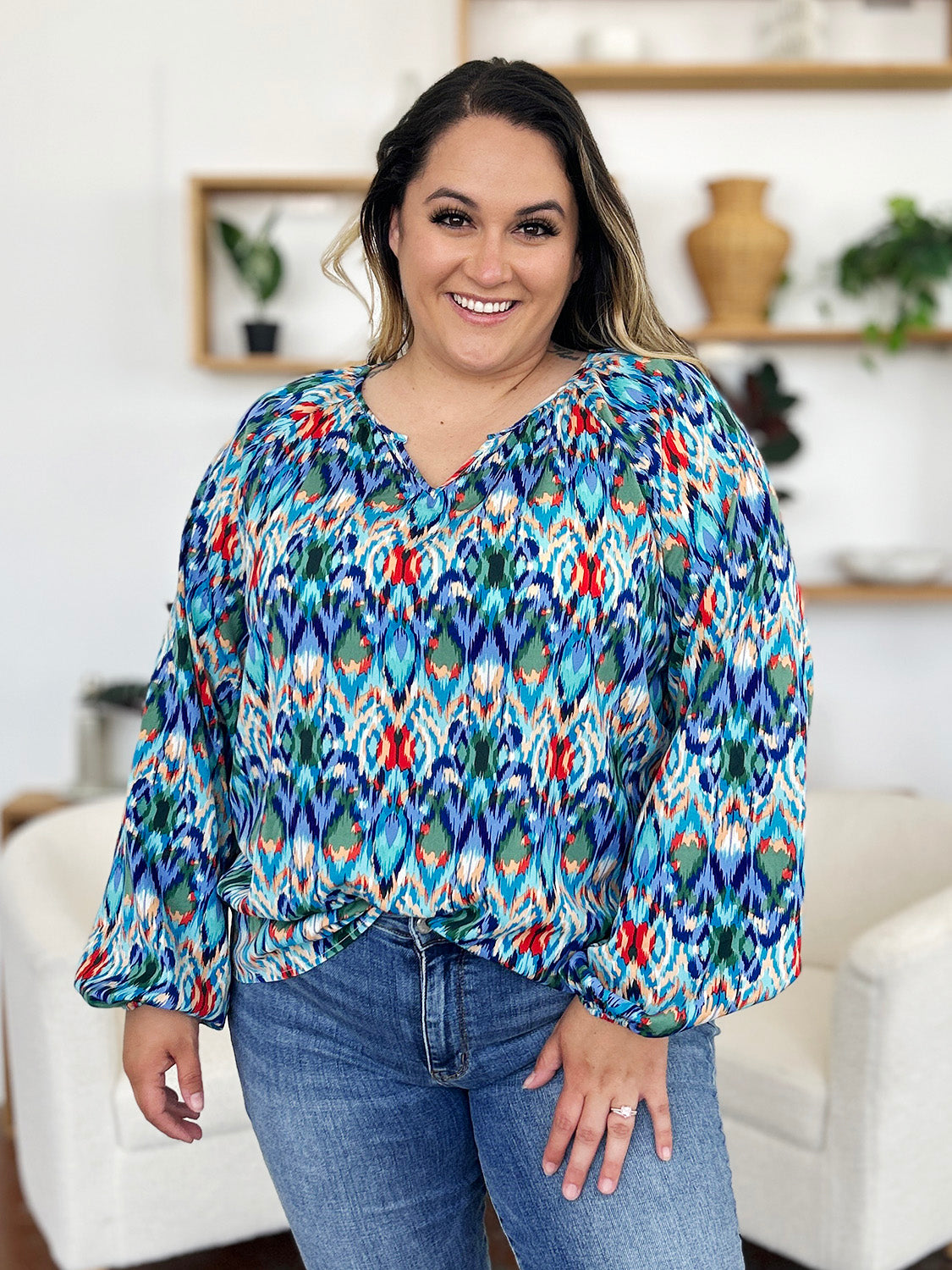 Full Size Printed Balloon Sleeve Blouse