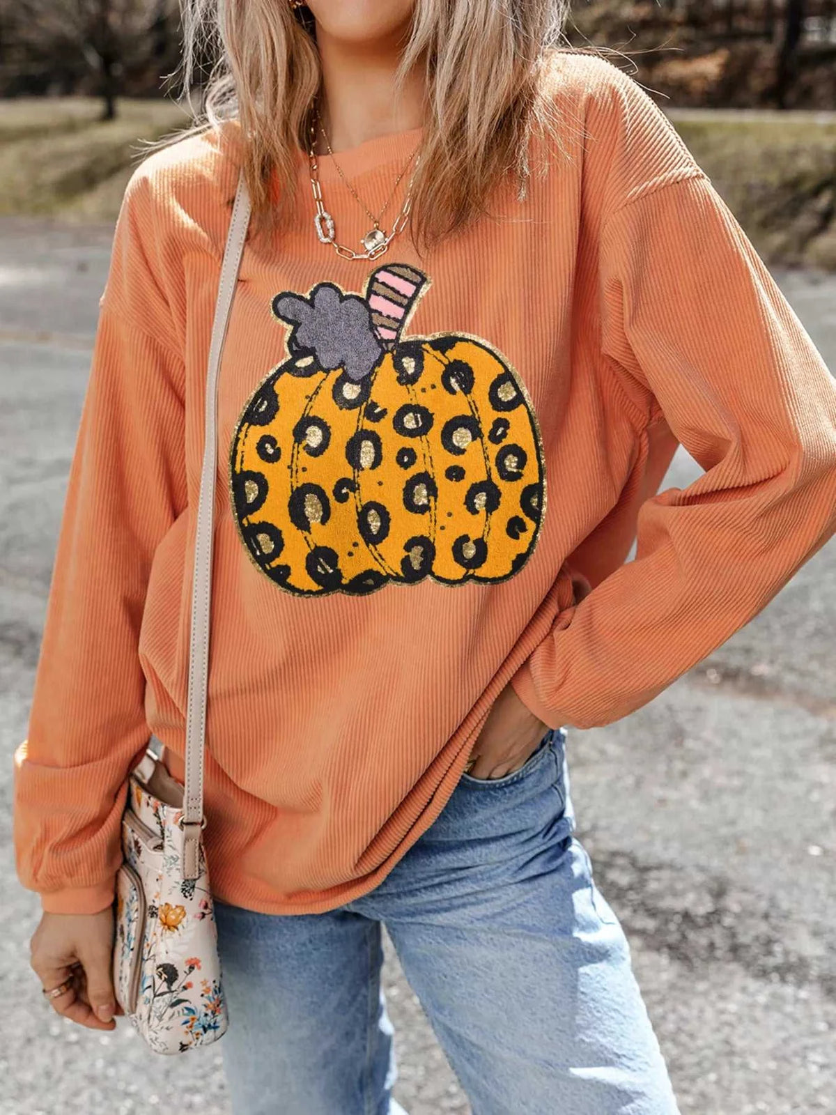 Halloween Leopard Pumpkin Patchwork Ribbed Sweatshirt 101001373546441 40 Affordable Fashion Under $100 Jerry's Apparel 