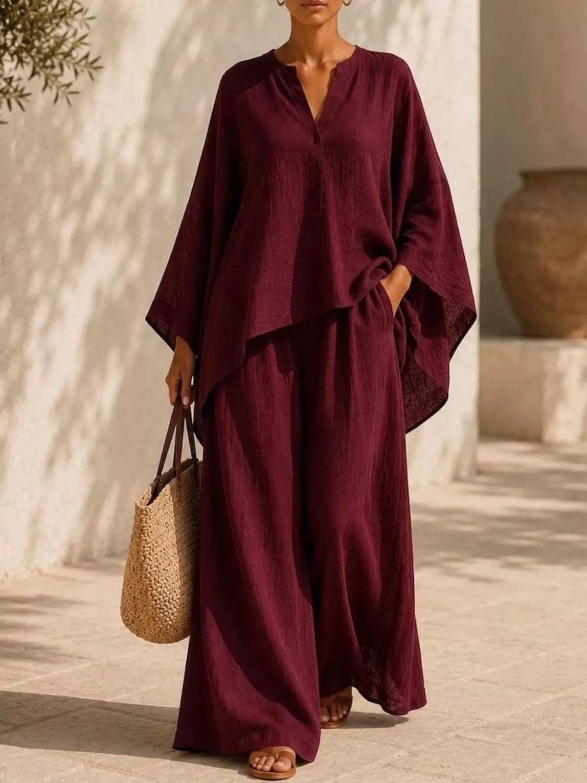 Full Size Notched Long Sleeve Top and Wide-Leg Pants Set Plus Size 100100051091822 45 Affordable Fashion Under $100 Jerry's Apparel 