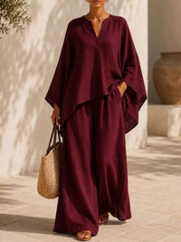Full Size Notched Long Sleeve Top and Wide-Leg Pants Set Plus Size 100100051091822 45 Affordable Fashion Under $100 Jerry's Apparel 