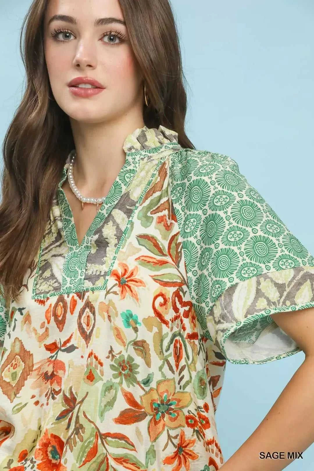 Umgee Mixed Print V-Neck Short Sleeve Top 100100638461868 49 Affordable Fashion Under $100 Jerry's Apparel 