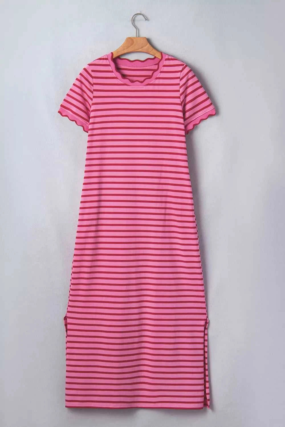 Stripe Striped Short Sleeve Scalloped Trim Side Slit Maxi Tee Dress 100100105587816 43 Affordable Fashion Under $100 Jerry's Apparel 