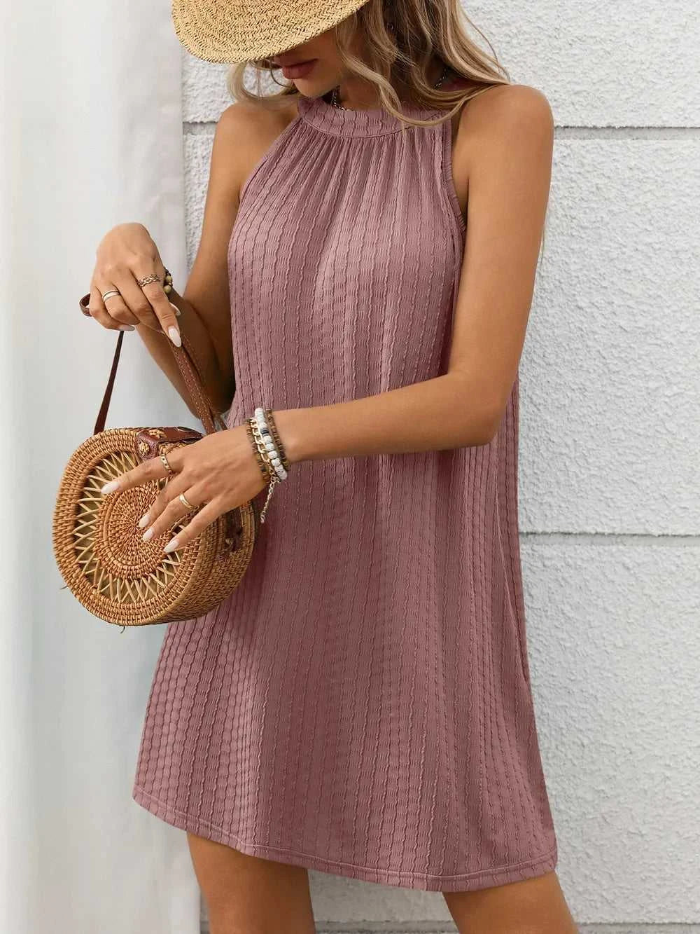 Textured Grecian Neck Mini Dress 100100516101866 24 Affordable Fashion Under $100 Jerry's Apparel 