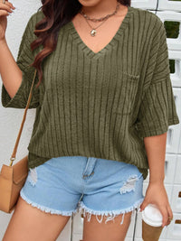 Plus Size V-Neck Ribbed Knit T-Shirt