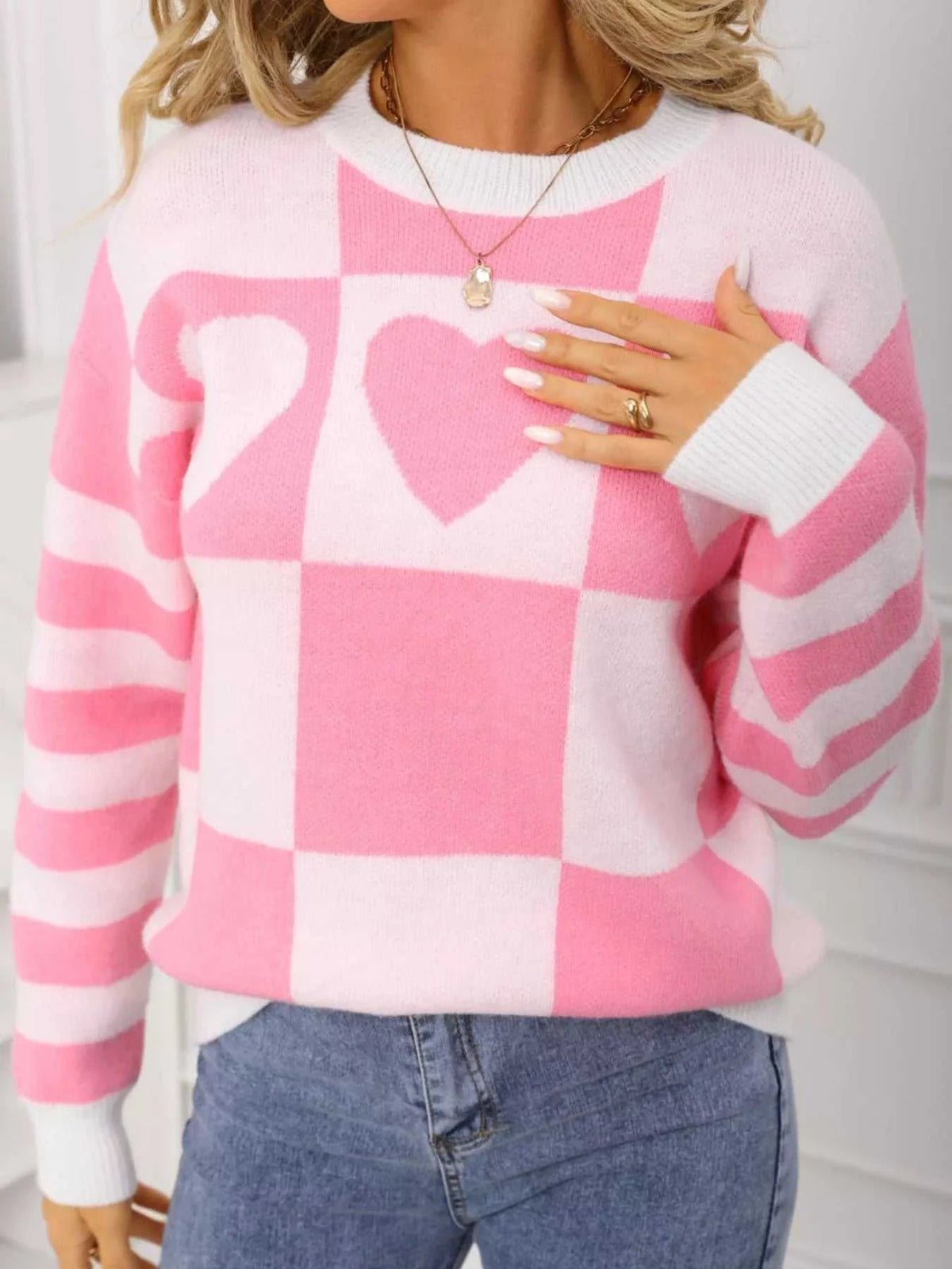 Heart Pattern Checkerboard Knit Sweater 100100337123266 46 Affordable Fashion Under $100 Jerry's Apparel 