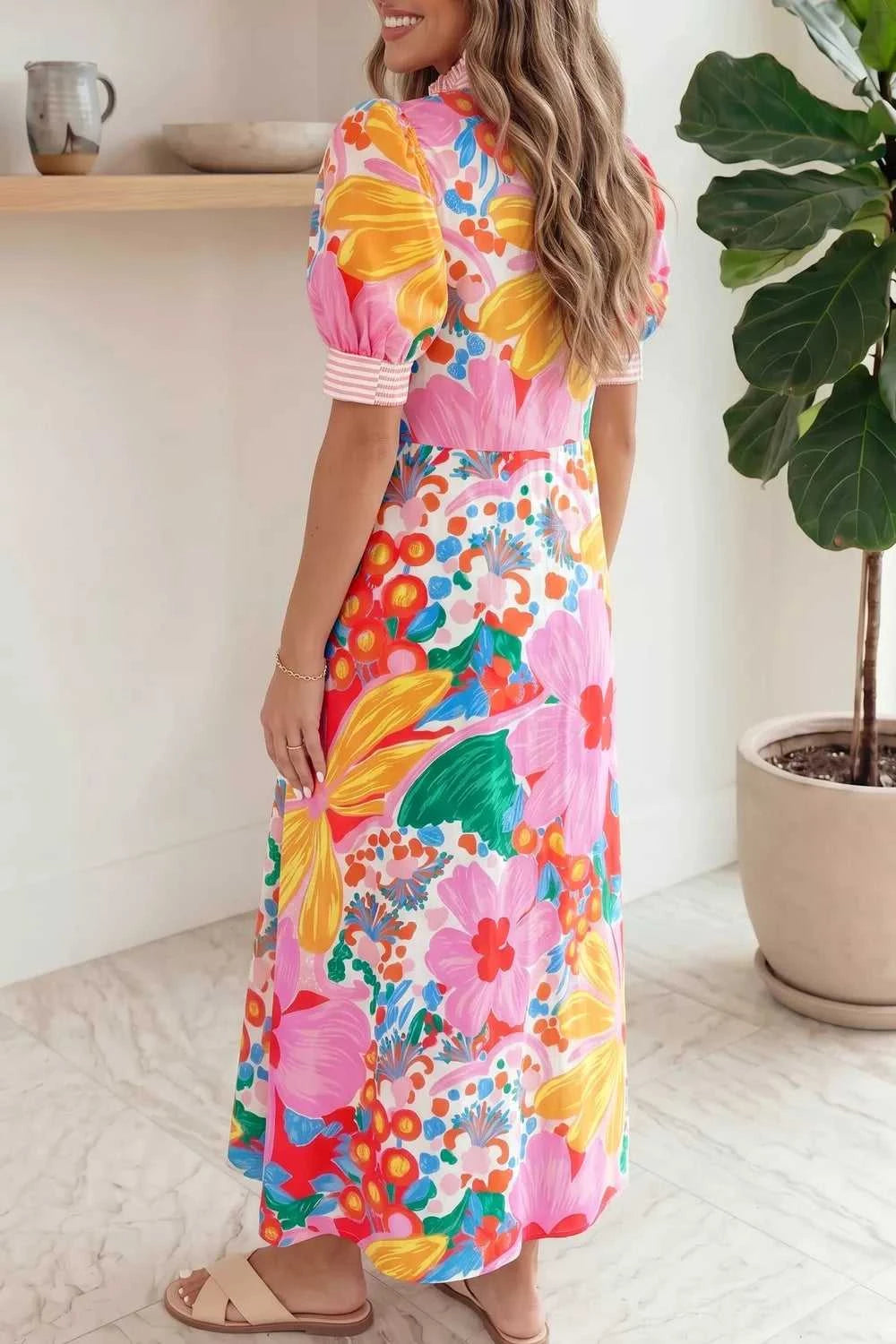 Floral Print Striped Trim Button Down Short Sleeve Maxi Dress 100100361316531 60 Affordable Fashion Under $100 Jerry's Apparel 