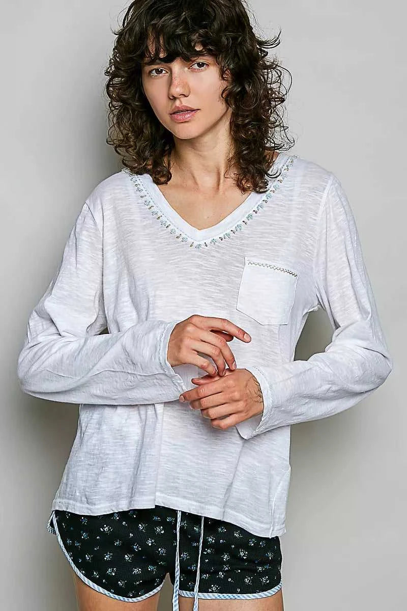POL Contrast Hand-Stitch V-Neck Lightweight Knit Long Sleeve Top 100100786331083 43 Affordable Fashion Under $100 Jerry's Apparel 