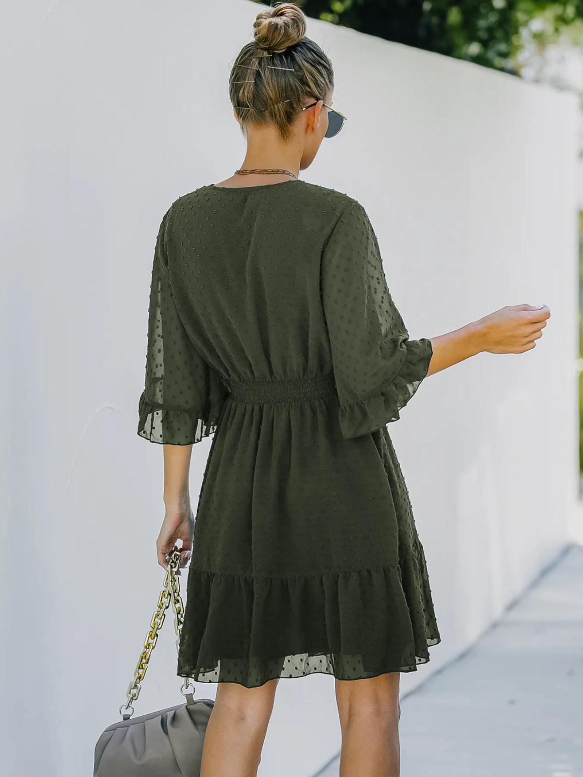 Swiss Dot Flare Sleeve Wrap Mini Dress