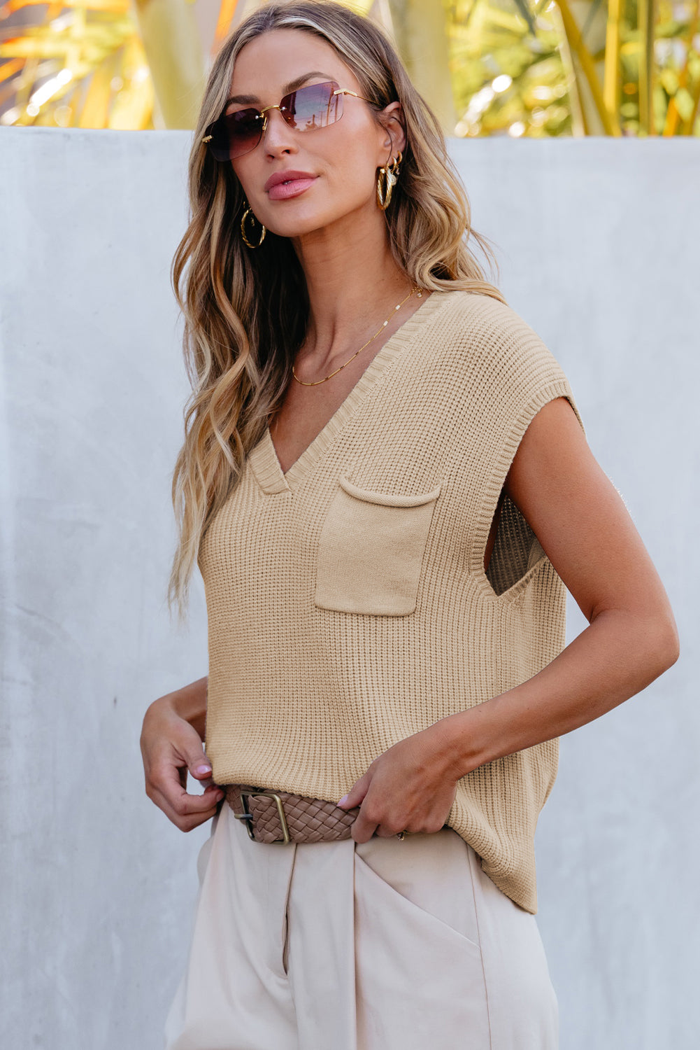 Pocketed V-Neck Cap Sleeve Sweater