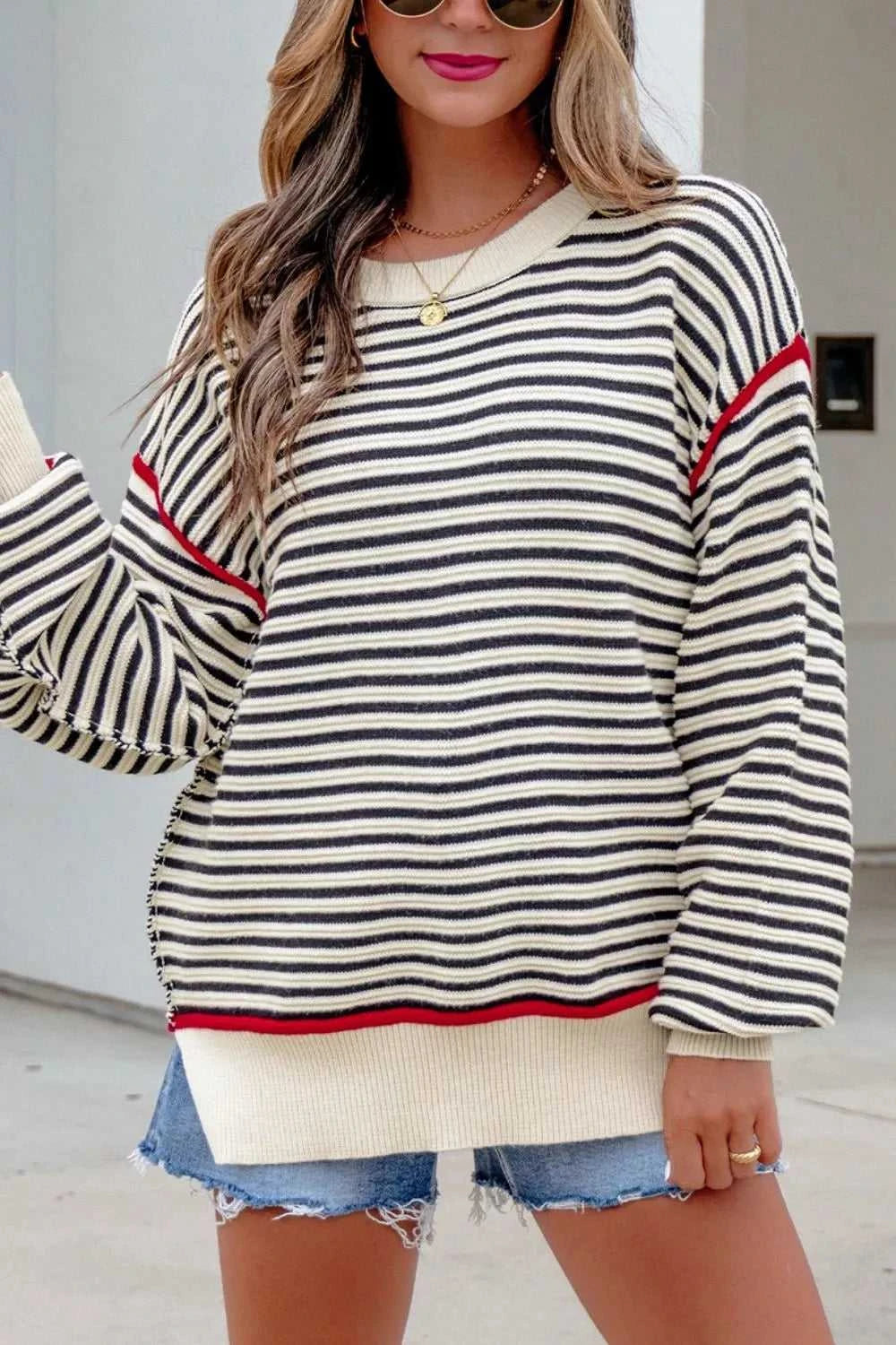 Stripe Ribbed Trim Drop Shoulder Oversized Sweater 100100407322838 55 Affordable Fashion Under $100 Jerry's Apparel 