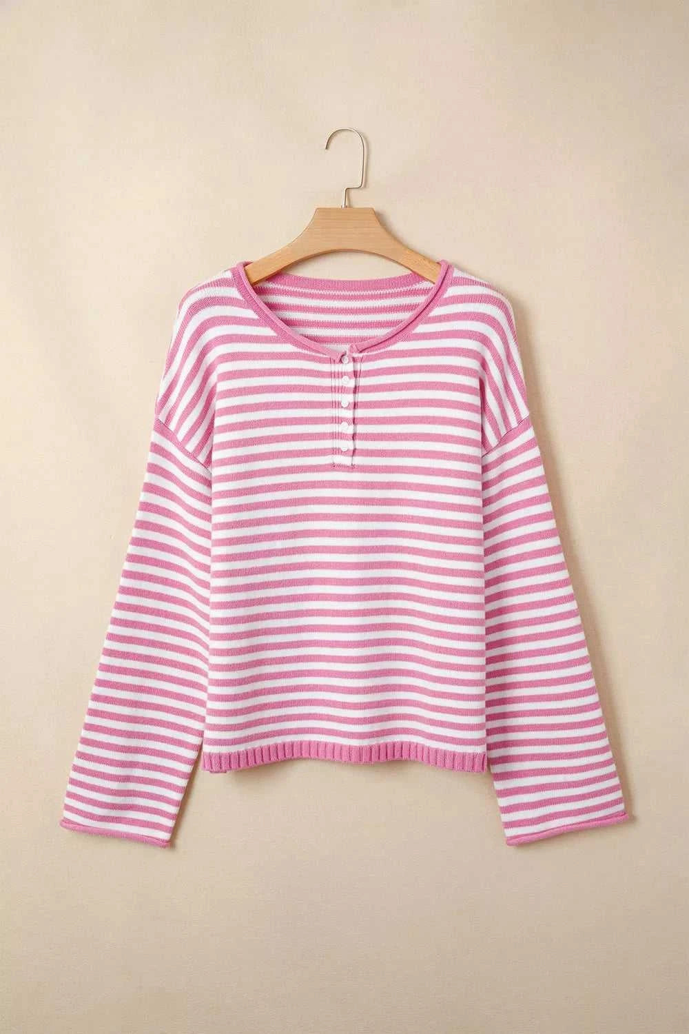 Striped Button Placket Drop Shoulder Long Sleeve Sweater 100100966141645 48 Women's Sweaters and Knitwear Jerry's Apparel 