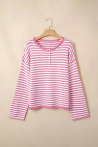 Striped Button Placket Drop Shoulder Long Sleeve Sweater 100100966141645 48 Women's Sweaters and Knitwear Jerry's Apparel 