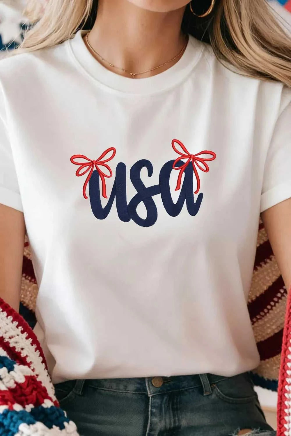 USA Lettering Bow Embroidered T Shirt 100100430685063 45 Affordable Fashion Under $100 Jerry's Apparel 