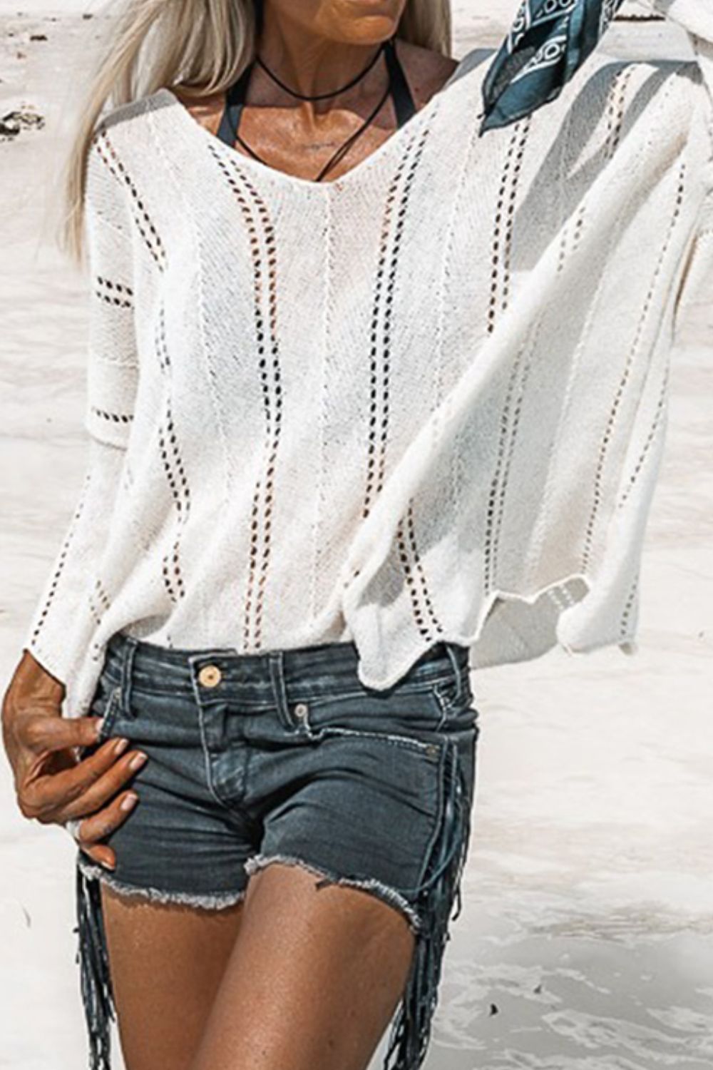 Openwork V-Neck Long Sleeve Knit Top