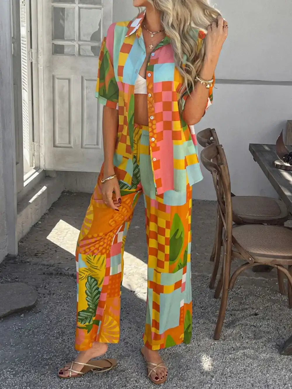 Devine Printed Button Down Shirt and Pants Set 100100774461792 54 Gifts for Her Jerry's Apparel 